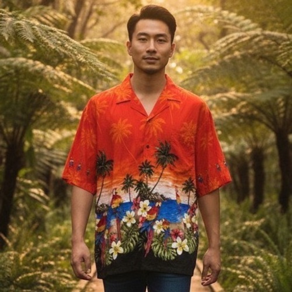 Pacific Legend Hawaiian Shirt Men 2XL Orange Excellent Parrot Tropical Sunset